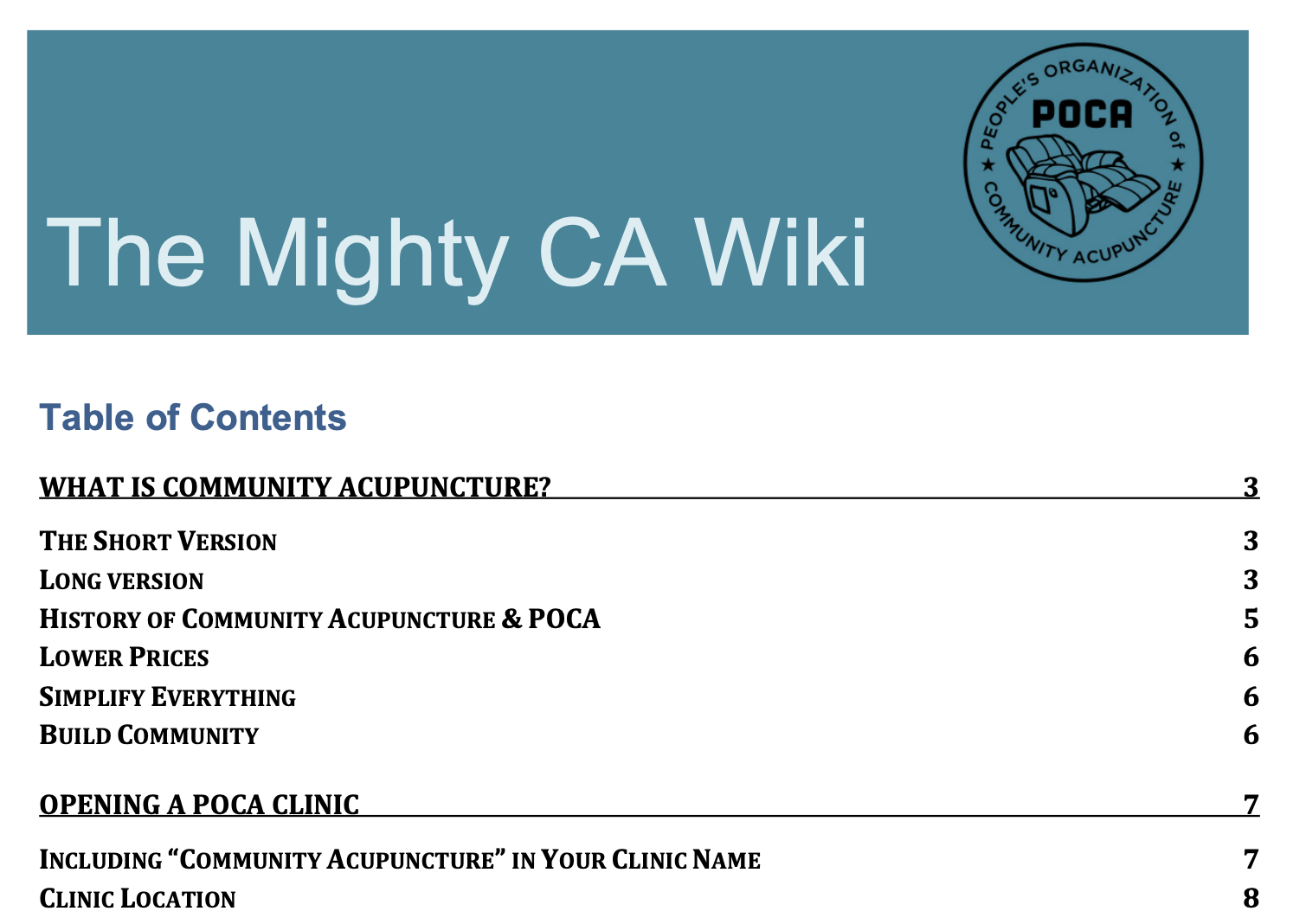 Image of the first page of the Mighty CA Wiki, showing the table of contents